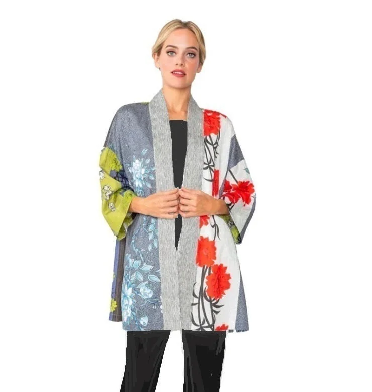 IC Collection Bold Floral Open Front Jacket in Red/Multi - 6170J