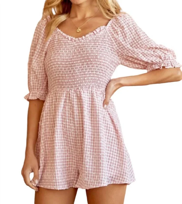 Gingham Printed Romper In Blush