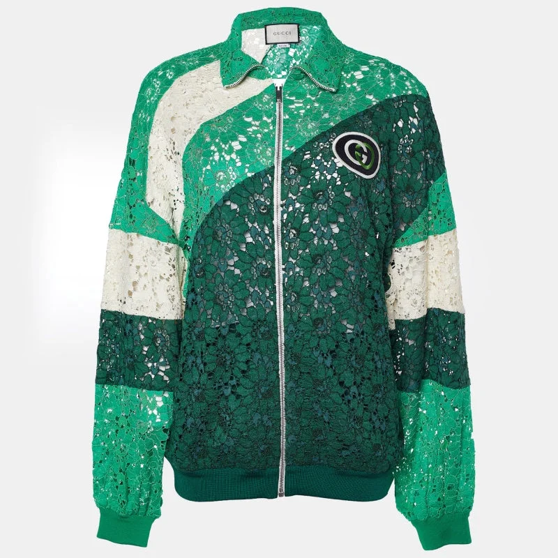 Gucci Green Logo Patch Lace Panelled Track Jacket