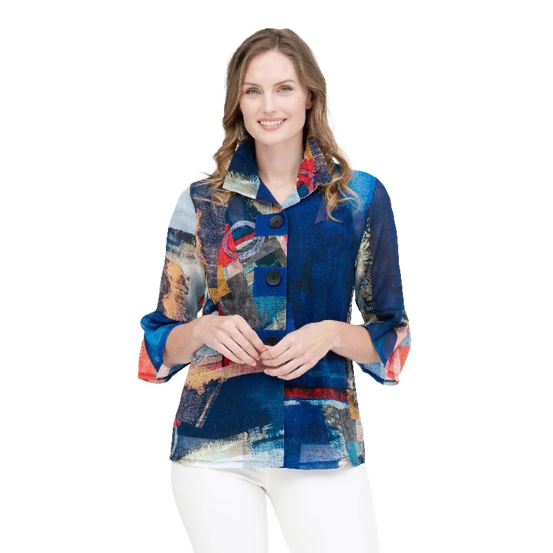 Damee Abstract Art Print Button Patch Jacket in Blue - 4879