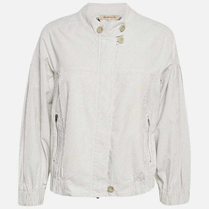 See By Chloe White Stripe Cotton Zip-Up Jacket