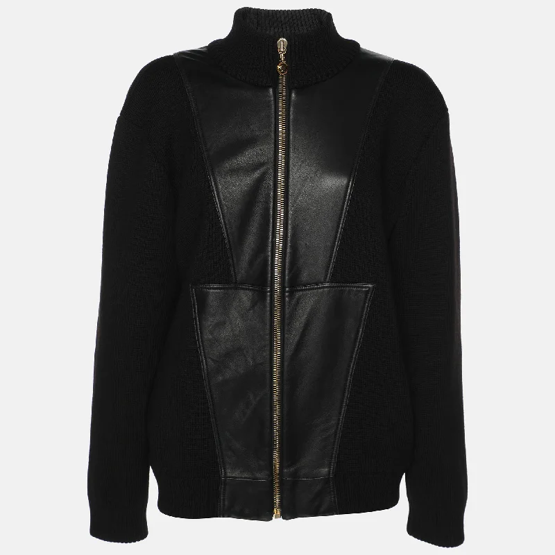 Versace Black Rib Knit And Leather Medusa Jacket