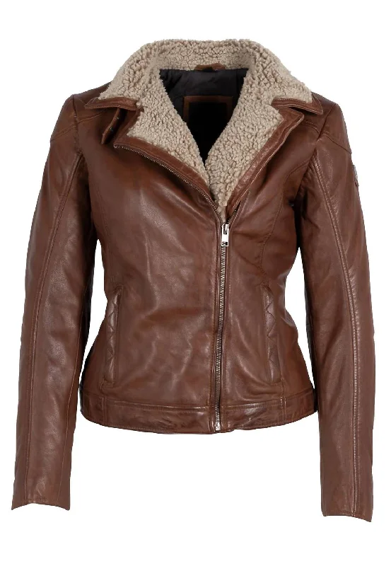 Women Jenja Lamb Leather Jacket With Teddy Fur Trim In Dark Cognac