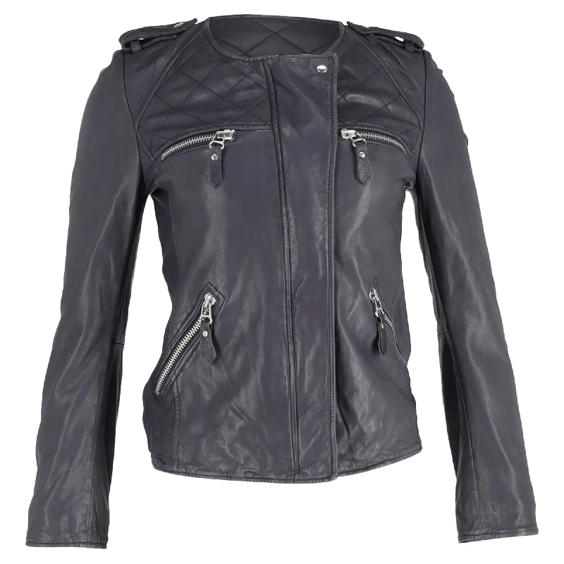 Isabel Marant Etoile Zipped Biker Jacket in Grey Lambskin Leather