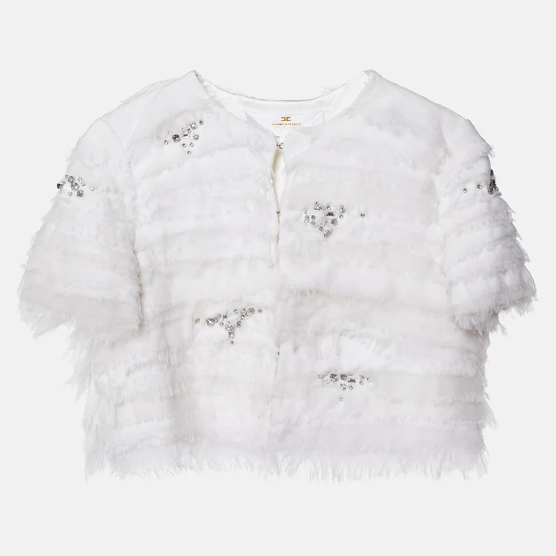 Elisabetta Franchi White Studded Crepe Crop Jacket