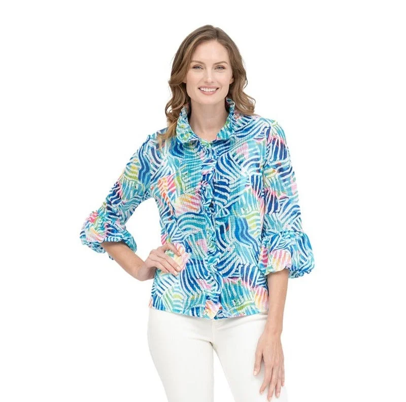 Damee Pastel-Print Ruffle Front Jacket in Blue/Multi - 2404 - Sizes L & XXL Only!