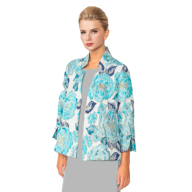 IC Collection Floral Jacquard Open Front Jacket in Blue - 6099J-BLU