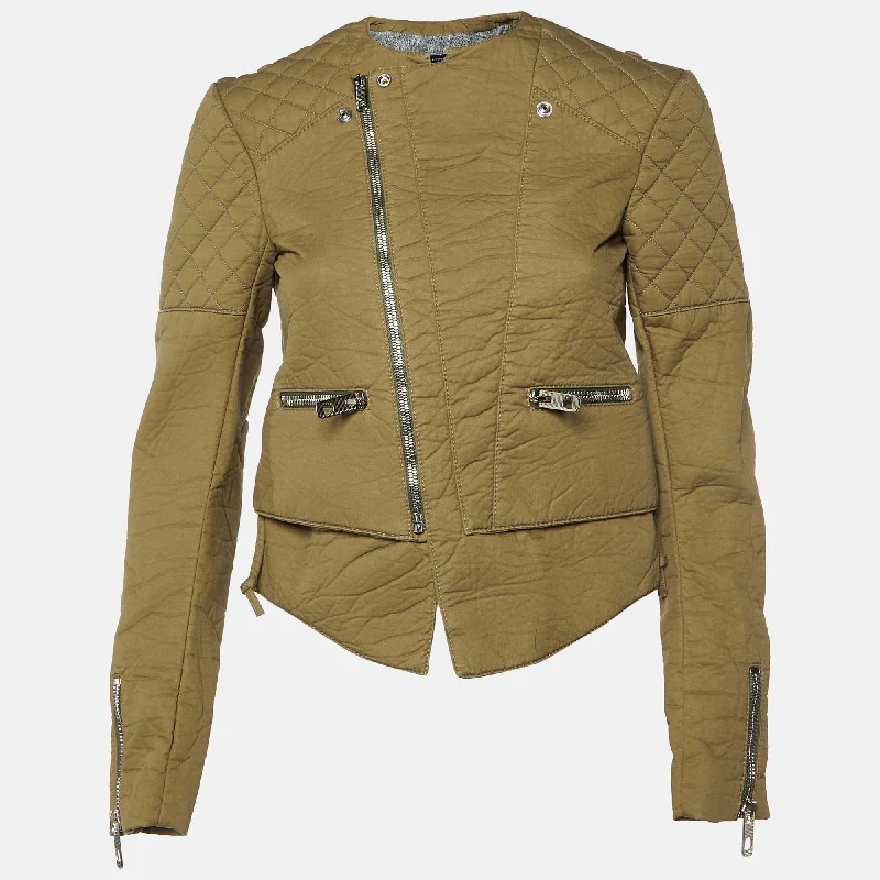 Balenciaga Green Cotton Blend Quilt Detail Biker Jacket