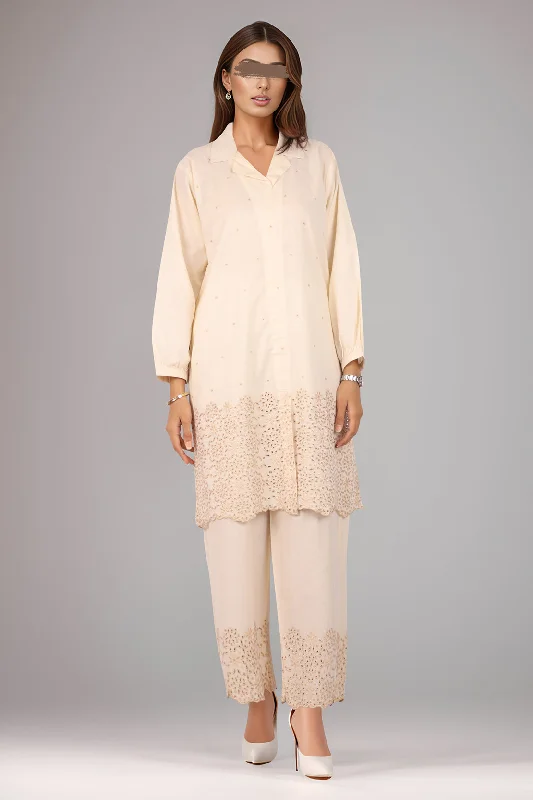 Solid Embroidered Cotton Stitched 2 Piece (Shirt/Trouser)