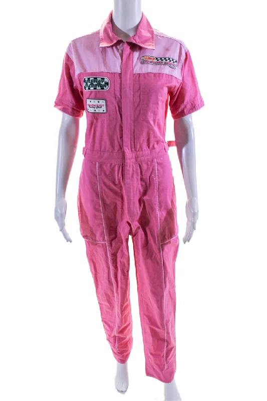 Beach Riot Womens Cotton Collared Short Sleeve Zip Up Jumpsuit Pink