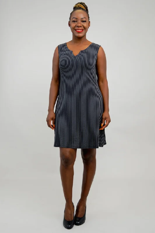 Maggie Sleeveless Dress, Blk/Grey Stripe, Bamboo