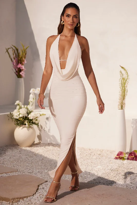 Plunge Cowl Neck Floor Length Dress in Ivory