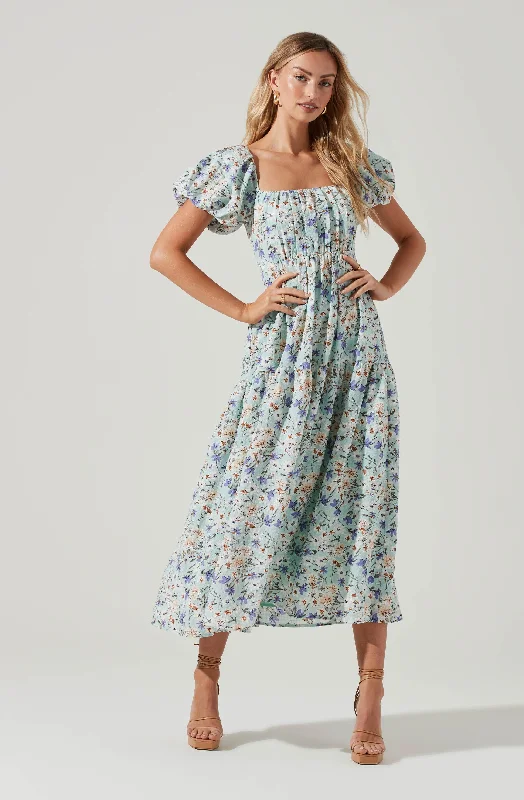 Bubble Sleeve Floral Tiered Midi Dress