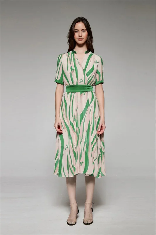 Green Day A-line V-neck Short Sleeve Midi Printed Dress