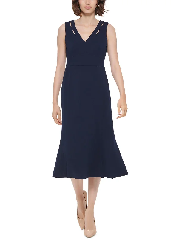 Womens V-Neck A-Line Midi Dress