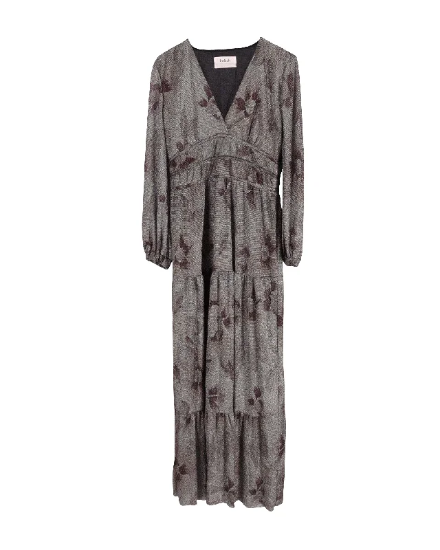 Ba&sh Metallic Floral Print Maxi Dress in Silver Polyester