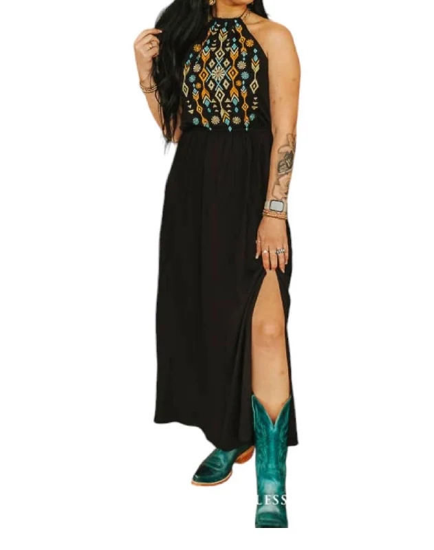 Embroidered Halter Maxi Dress In Black