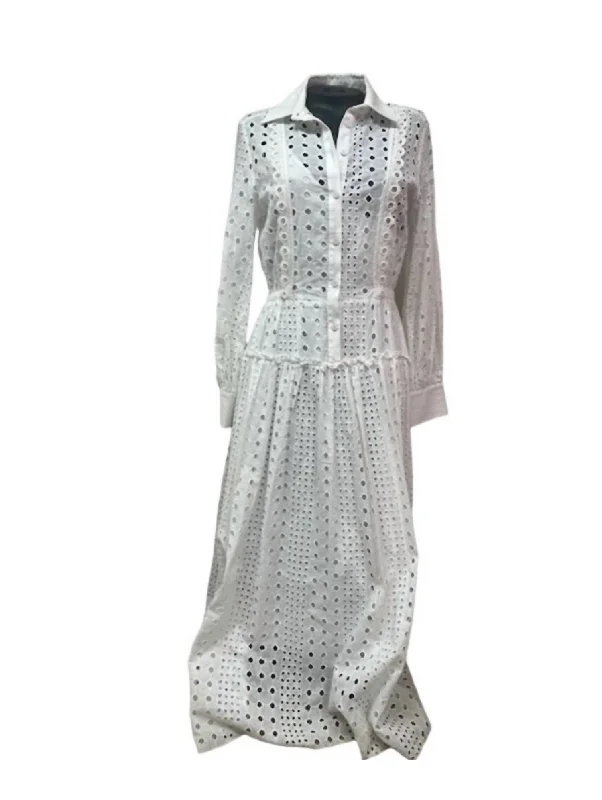 Eyelet Open Work Maxi Shirt Dress In White