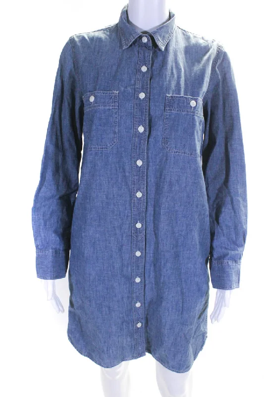 J Crew Womens Long Sleeve Denim Mini Button Up Shirt Dress Blue