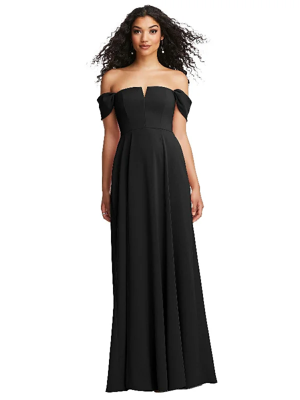 Off-the-Shoulder Pleated Cap Sleeve A-line Maxi Dress