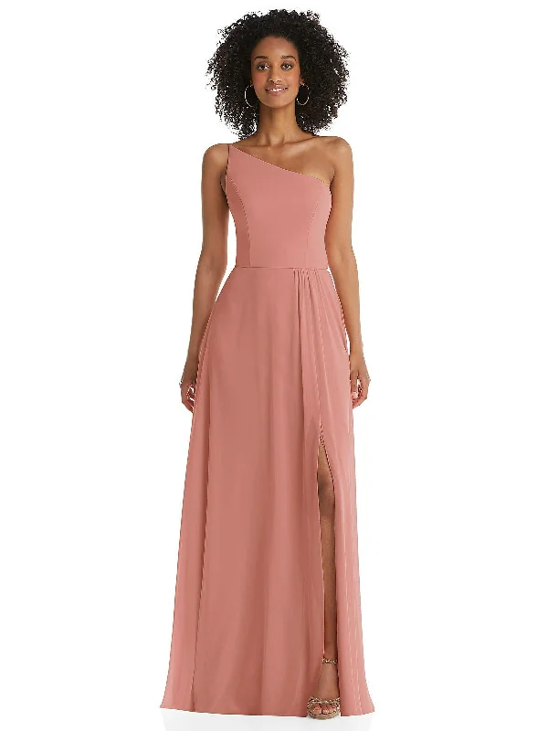 One-Shoulder Chiffon Maxi Dress with Shirred Front Slit