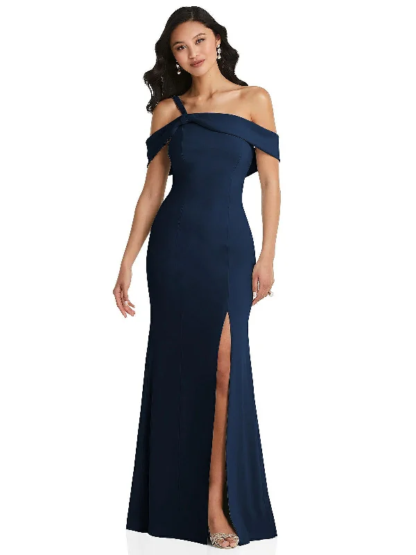 One-Shoulder Draped Cuff Maxi Dress with Front Slit