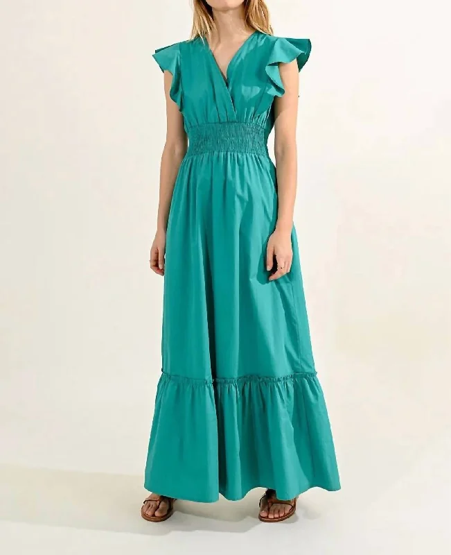 Ruffled V-Neck Maxi Dress In Green