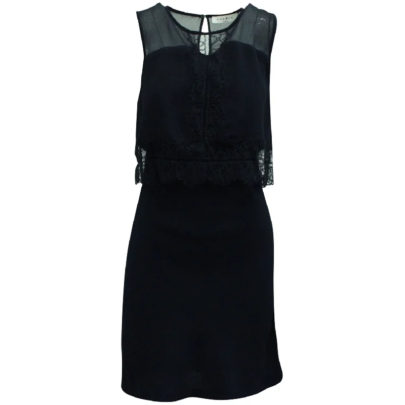 Sandro Paris Lace Detailed Mini Dress in Navy Blue Viscose