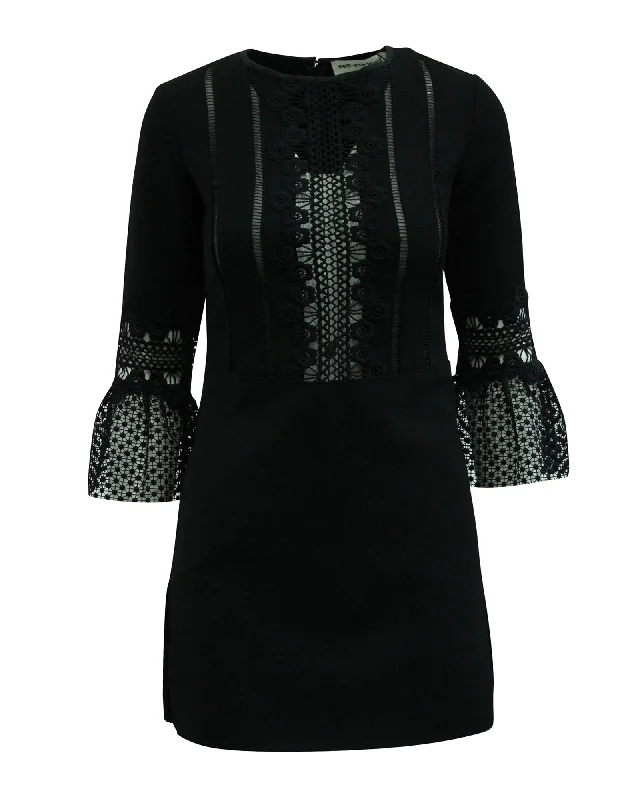 Self-Portrait Bell Sleeve Mini Dress in Black Polyester