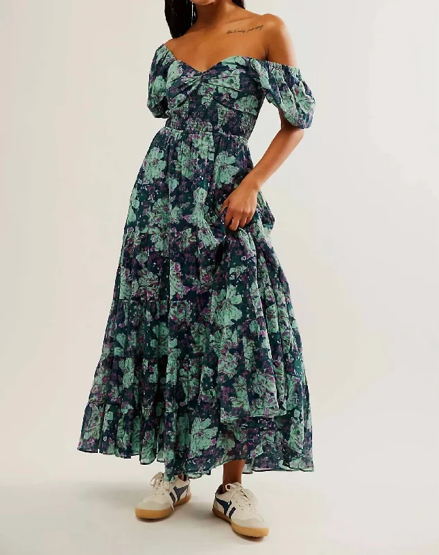 Sundrenched Short Sleeve Maxi Dress In Dark Green