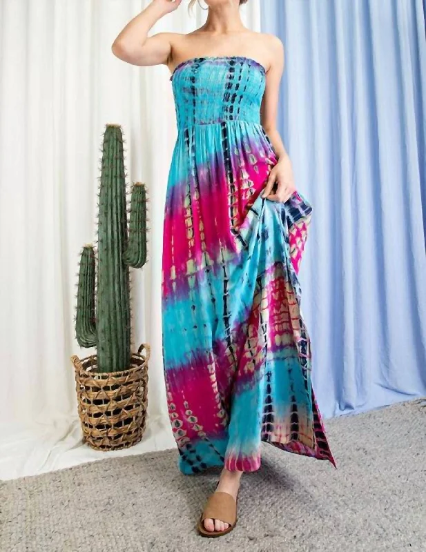 Tie Dye Strapless Smocked Maxi Dress In Multi