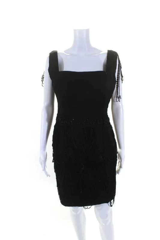 Tony Ward Womens Black Silk Square Neck Embellished Sleeveless Mini Dress