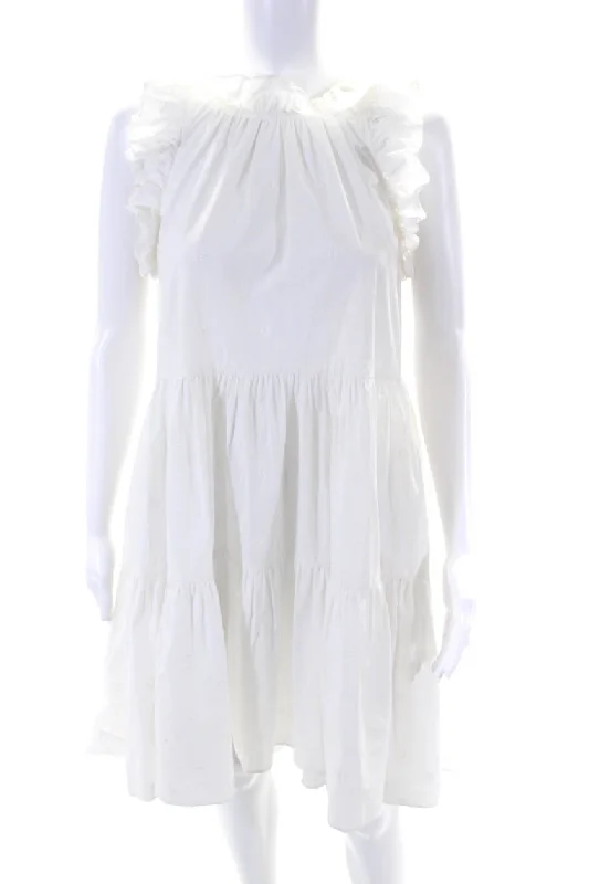 Ulla Johnson Women's Round Neck Ruffle Sleeveless Tiered Mini Dress White