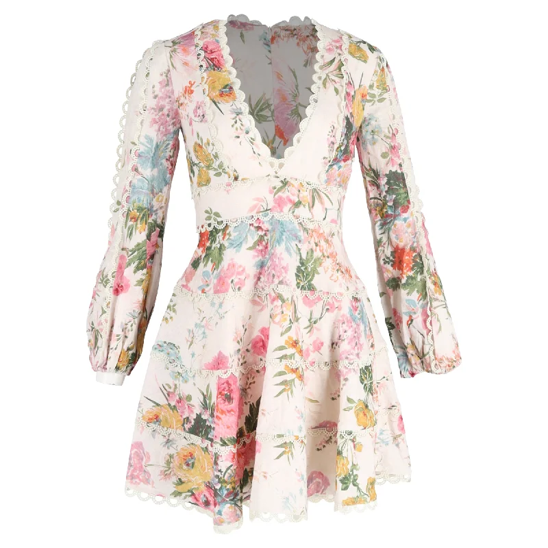 Zimmermann Floral Print Mini Flared Dress in Multicolor Linen