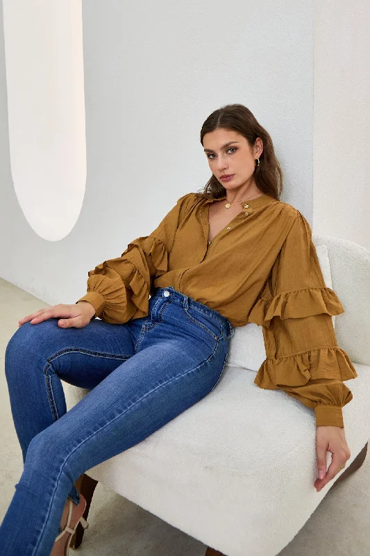 Elissa Tan Brown Ruffle Sleeve Blouse