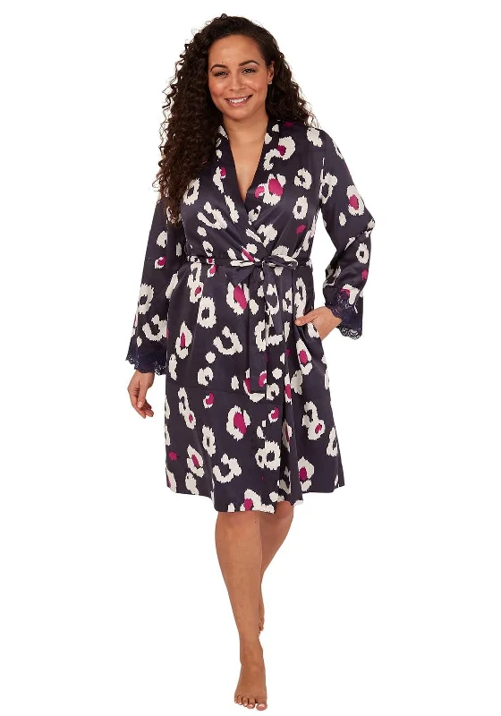 Indigo Sky Leopard Print Satin Robe, Navy