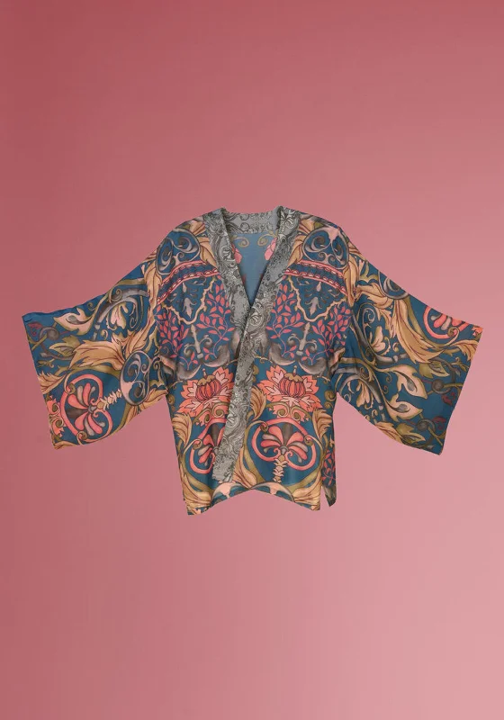 Powder Decorative Damask One Size Kimono Jacket, Denim