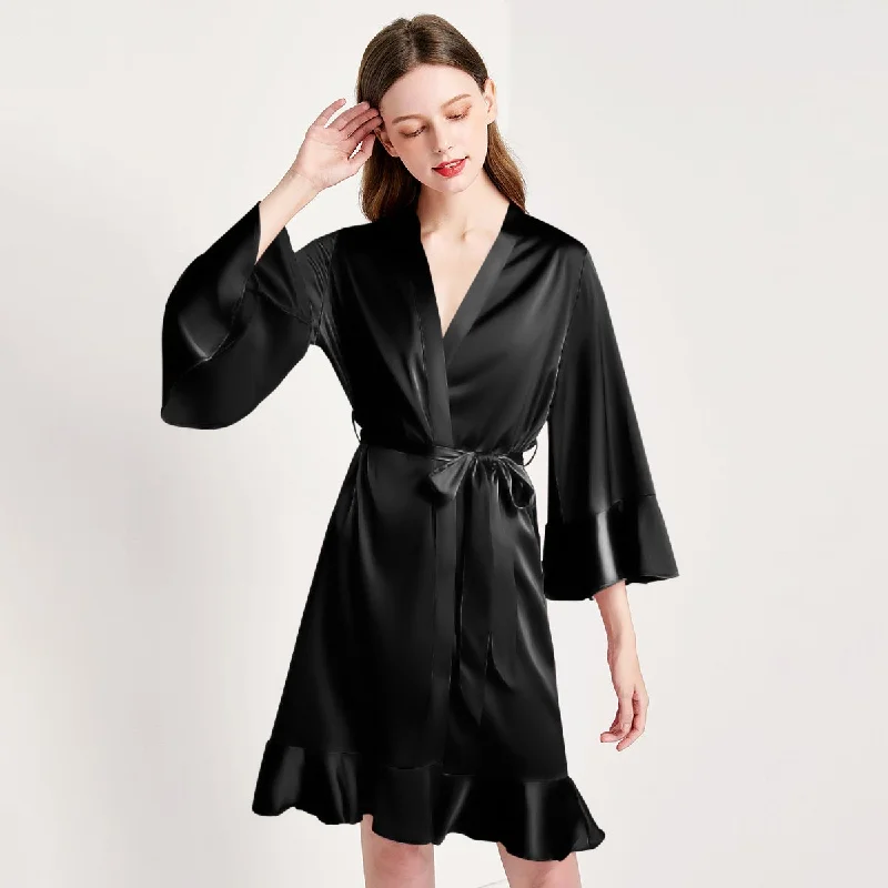 Solid Color For Women 100% Pure Silk Bathrobe With Belt