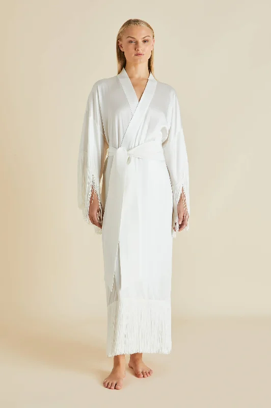 Amina Ivory Fringed Robe in Silk Satin