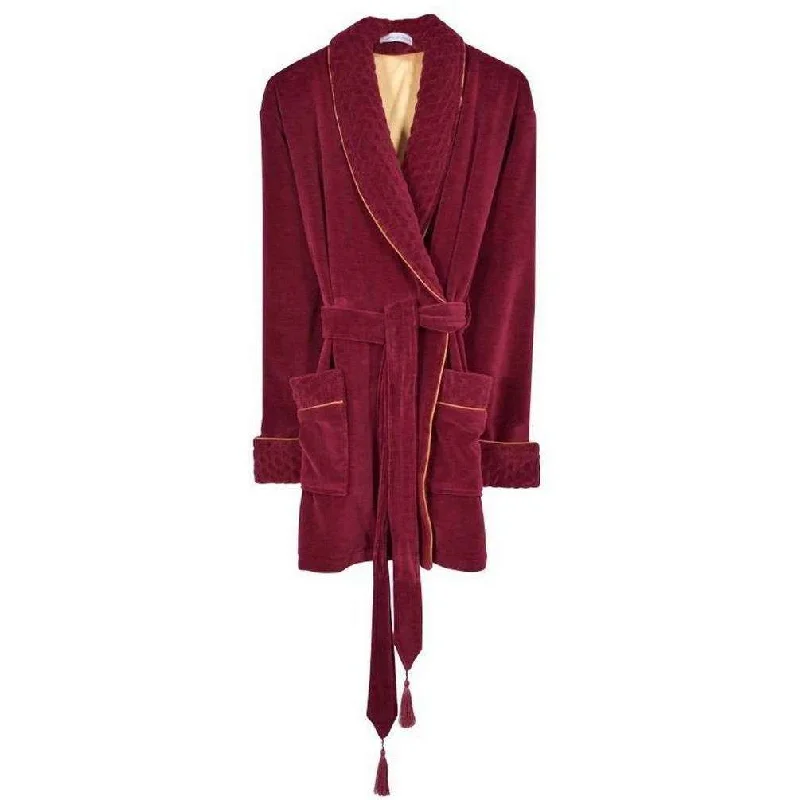 Bown of London Howard Luxury Cotton Short Velvet Smoking Jacket - Burgundy