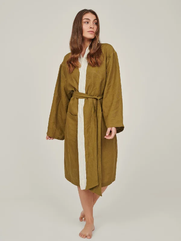 Linen Robe In Olive with Natural Stripes