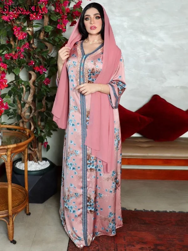 Sweet Pink Floral Maxi Long Dress for Women Ethnic Diamond Ribbon V Neck Middle East Muslim Jalabiya Autumn 2021 New Abaya Eid